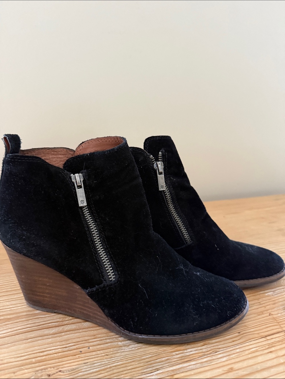 Lucky Brand Black Suede Wedge Ankle Boots with Side Zips